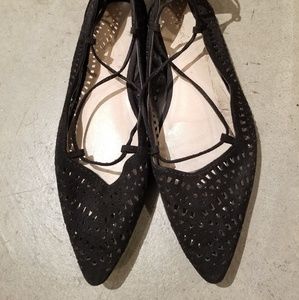 Qupid Pointy Toe Lasercut Lace Up Ballet Flat